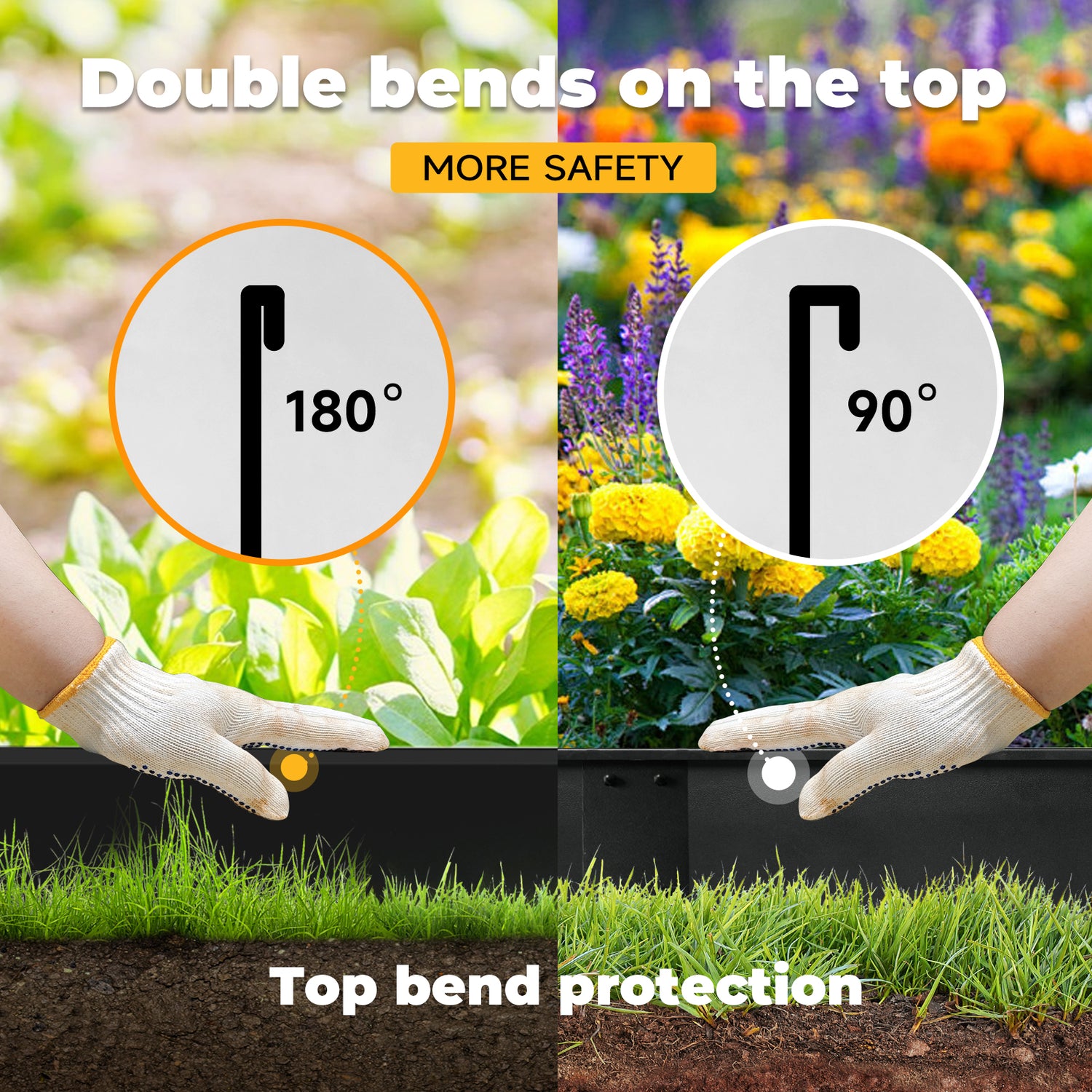 Gardening tool with double bends on top for safety, shown in a garden setting.